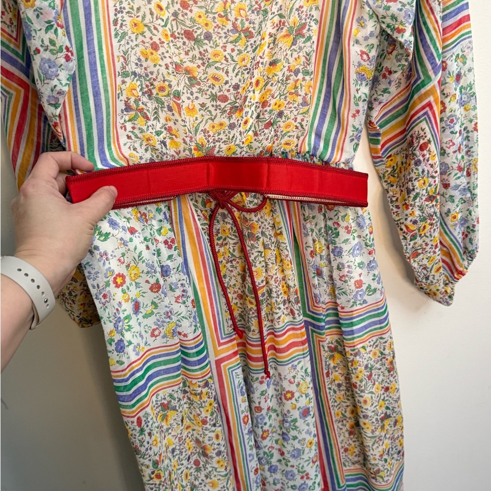 VINTAGE!-{Rainbow of California}-Size: S-Floral Multicolor Dress with Red Belt - Picture 8 of 9
